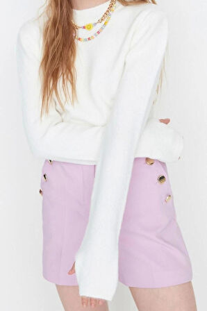 Kadın Moda Şık Bisiklet Yaka Standart Kol Crop Yumuşak Dokulu Triko Kazak