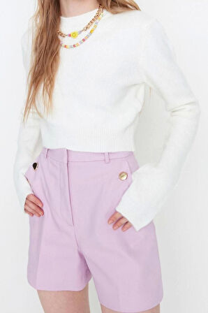 Kadın Moda Şık Bisiklet Yaka Standart Kol Crop Yumuşak Dokulu Triko Kazak