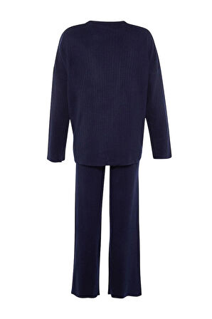 Kadın Moda Şık Boru Paça Regular Boy Uzun Kollu Basic Bisiklet Yaka Triko Alt-Üst Takım