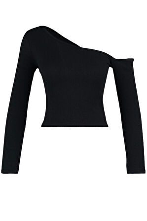 Kadın Şık Crop Asimetrik Yaka Düşük Kol Slim Kalıp Örme Fitted Vücuda Oturan Omzu Açık Fitilli Bluz