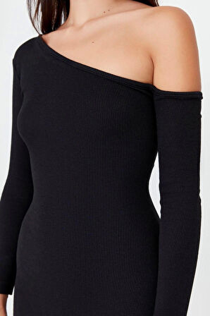 Yeni Slim Gündüz Gece Rejenere Kaşkorse Örme Asimetrik Yaka Uzun Kol Bodycone Mini Boy Elbise