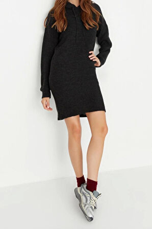 Yeni Regular Casual Günlük Dolu İğne Triko Kapüşonlu Uzun Kol Kazak Elbise Mini Boy Elbise