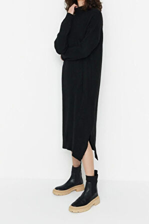 Yeni Oversize Casual Günlük Tek Plaka Triko Dik Yaka Uzun Kol Shift Midi Boy Elbise