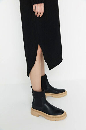 Yeni Oversize Casual Günlük Tek Plaka Triko Dik Yaka Uzun Kol Shift Midi Boy Elbise