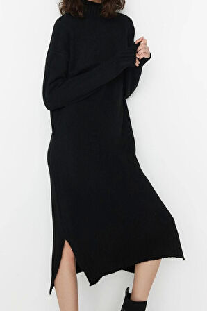 Yeni Oversize Casual Günlük Tek Plaka Triko Dik Yaka Uzun Kol Shift Midi Boy Elbise