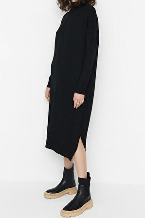 Yeni Oversize Casual Günlük Tek Plaka Triko Dik Yaka Uzun Kol Shift Midi Boy Elbise