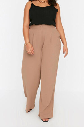 Kadın Yeni Moda Büyük Beden Geniş Paça Uzun Boy Dokuma Yüksek Bel Pileli Kumaş Pantolon