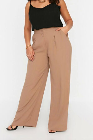 Kadın Yeni Moda Büyük Beden Geniş Paça Uzun Boy Dokuma Yüksek Bel Pileli Kumaş Pantolon