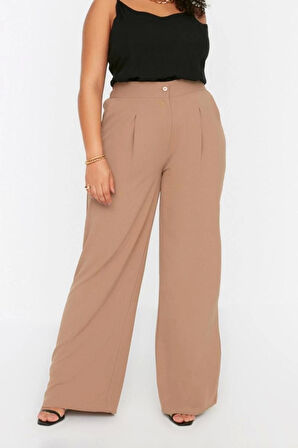 Kadın Yeni Moda Büyük Beden Geniş Paça Uzun Boy Dokuma Yüksek Bel Pileli Kumaş Pantolon