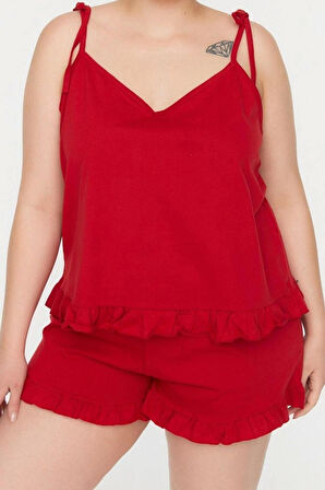 Büyük Beden Kadın Pamuklu V Yaka Askılı Kol Askılı Örme Fırfır Detaylı Pijama Takımı