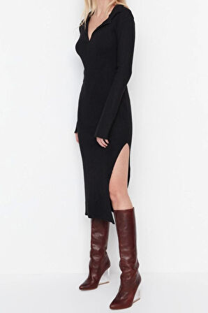 Yeni Slim Casual Günlük Fırçalı Rejenere Kaşkors Örme Polo Yaka Uzun Kol Bodycone Midi Boy Elbise