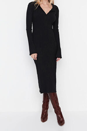 Yeni Slim Casual Günlük Fırçalı Rejenere Kaşkors Örme Polo Yaka Uzun Kol Bodycone Midi Boy Elbise