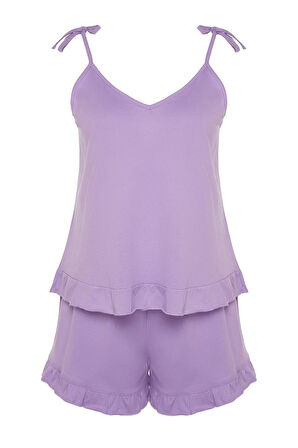 Büyük Beden Kadın Pamuklu V Yaka Askılı Kol Askılı Örme Fırfır Detaylı Pijama Takımı