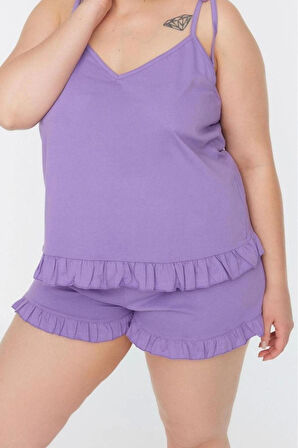 Büyük Beden Kadın Pamuklu V Yaka Askılı Kol Askılı Örme Fırfır Detaylı Pijama Takımı