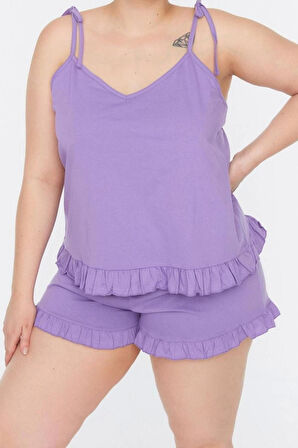 Büyük Beden Kadın Pamuklu V Yaka Askılı Kol Askılı Örme Fırfır Detaylı Pijama Takımı
