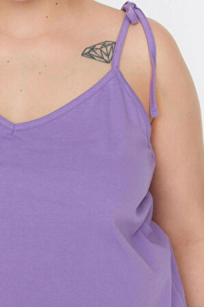 Büyük Beden Kadın Pamuklu V Yaka Askılı Kol Askılı Örme Fırfır Detaylı Pijama Takımı