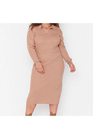 Yeni Fit Casual Günlük Fitilli Triko Polo Yaka Uzun Kol Bodycone Midi Boy Büyük Beden Elbise