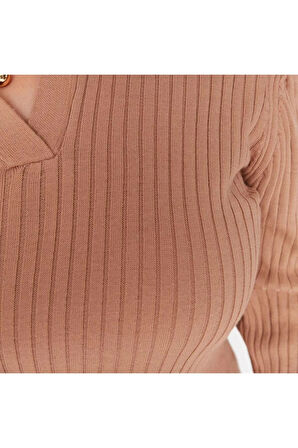 Yeni Fit Casual Günlük Fitilli Triko Polo Yaka Uzun Kol Bodycone Midi Boy Büyük Beden Elbise