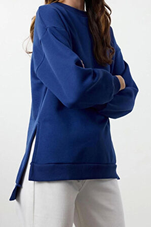 Kadın Oversize Bisiklet Yaka Düşük Kol Uzun Geniş Kalıp Yırtmaç Kalın İçi Polarlı Örme Sweatshirt