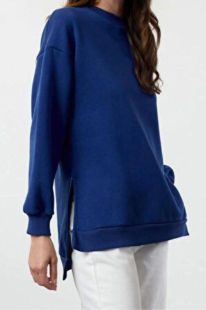 Kadın Oversize Bisiklet Yaka Düşük Kol Uzun Geniş Kalıp Yırtmaç Kalın İçi Polarlı Örme Sweatshirt