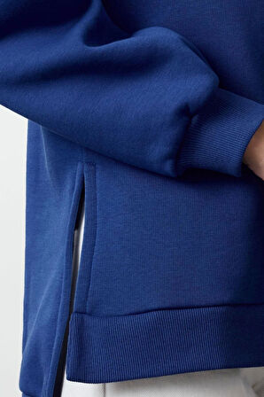 Kadın Oversize Bisiklet Yaka Düşük Kol Uzun Geniş Kalıp Yırtmaç Kalın İçi Polarlı Örme Sweatshirt