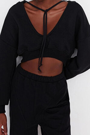 Kadın Relaxed Kapüşonlu Düşük Kol Crop Kalın İçi Polarlı V Yaka Rahat Kesim Crop Örme Sweatshirt