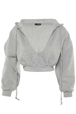 Kadın Relaxed Kapüşonlu Düşük Kol Crop Kalın İçi Polarlı V Yaka Rahat Kesim Crop Örme Sweatshirt
