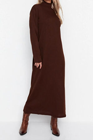 Yeni Regular Günlük Tek Plaka Triko Yarım Balıkçı Yaka Uzun Kol Shift Uzun Boy Tesettür Elbise