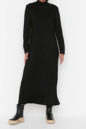 Yeni Regular Günlük Tek Plaka Triko Yarım Balıkçı Yaka Uzun Kol Shift Uzun Boy Tesettür Elbise