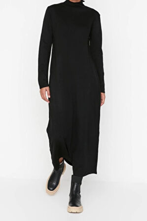 Yeni Regular Günlük Tek Plaka Triko Yarım Balıkçı Yaka Uzun Kol Shift Uzun Boy Tesettür Elbise