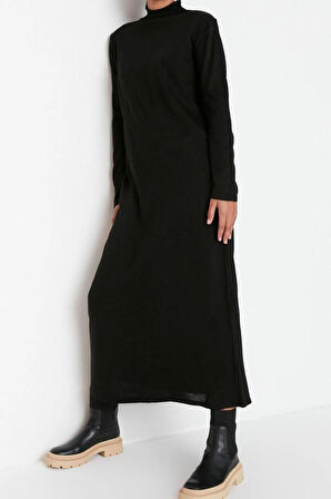 Yeni Regular Günlük Tek Plaka Triko Yarım Balıkçı Yaka Uzun Kol Shift Uzun Boy Tesettür Elbise