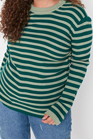 Kadın Moda Büyük Beden Bisiklet Yaka Standart Kol Regular Çizgili Fitilli Vücudu Saran Triko Kazak