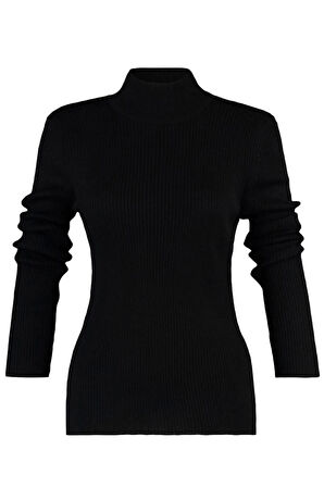 Kadın Büyük Beden Moda Şık Regular Yarım Balıkçı Yaka Uzun Kol Düz İnce Triko Kazak