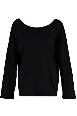 Kadın Büyük Beden Moda Şık Regular Bisiklet Yaka Uzun Kol Düz Sırtı Çapraz Bant Detaylı Triko Kazak