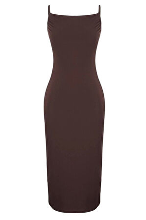 Yeni Slim Gündüz Gece Sandy Örme Degaje Yaka Askılı Kol Bodycone Midi Boy Elbise