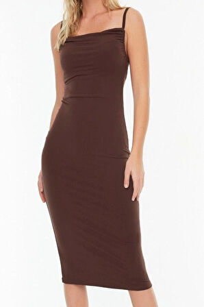 Yeni Slim Gündüz Gece Sandy Örme Degaje Yaka Askılı Kol Bodycone Midi Boy Elbise