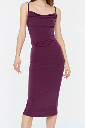 Yeni Slim Gündüz Gece Sandy Örme Degaje Yaka Askılı Kol Bodycone Midi Boy Elbise