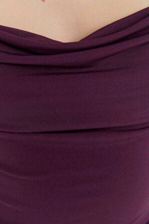 Yeni Slim Gündüz Gece Sandy Örme Degaje Yaka Askılı Kol Bodycone Midi Boy Elbise