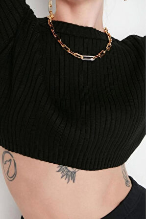 Kadın Moda Şık Bisiklet Yaka Standart Kol Crop Süper Basic Triko Kazak