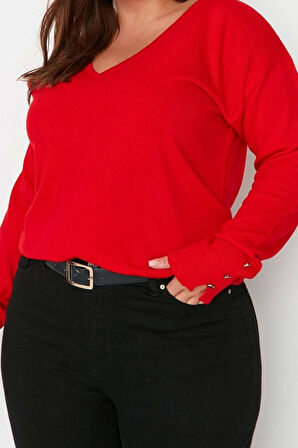 Kadın Büyük Beden Moda Şık Regular V Yaka Uzun Kol Düz Düğme Detaylı Triko Kazak