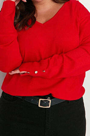 Kadın Büyük Beden Moda Şık Regular V Yaka Uzun Kol Düz Düğme Detaylı Triko Kazak