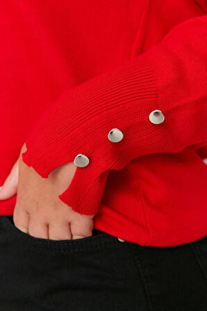 Kadın Büyük Beden Moda Şık Regular V Yaka Uzun Kol Düz Düğme Detaylı Triko Kazak