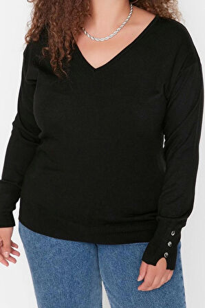 Kadın Büyük Beden Moda Şık Regular V Yaka Uzun Kol Düz Düğme Detaylı Triko Kazak