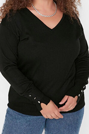 Kadın Büyük Beden Moda Şık Regular V Yaka Uzun Kol Düz Düğme Detaylı Triko Kazak