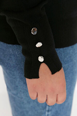 Kadın Büyük Beden Moda Şık Regular V Yaka Uzun Kol Düz Düğme Detaylı Triko Kazak