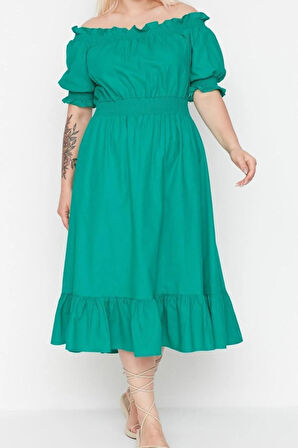 Yeni Rahat Casual Günlük Shally Dokuma Carmen Yaka Kısa Kol A-Line Midi Boy Büyük Beden Elbise