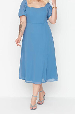 Yeni Fit Casual Günlük Şifon Dokuma Kare Yaka Kısa Kol A-Line Midi Boy Büyük Beden Elbise