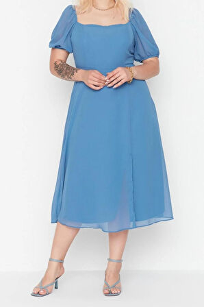 Yeni Fit Casual Günlük Şifon Dokuma Kare Yaka Kısa Kol A-Line Midi Boy Büyük Beden Elbise