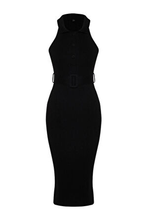 Yeni Slim Casual Günlük Çift Plaka Triko Polo Yaka Kolsuz Kol Bodycone Midi Boy Elbise