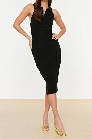 Yeni Slim Casual Günlük Çift Plaka Triko Polo Yaka Kolsuz Kol Bodycone Midi Boy Elbise